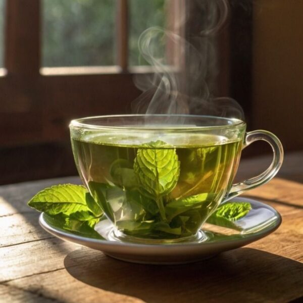 تصویری از یک فنجان گرم که در آن چای سبز به آرامی دم میشود
